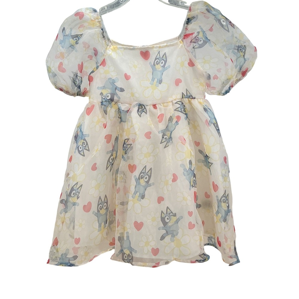 Bluey Girls Dress L 10/12 Cream Organza Puff Sleeve Character Print Whimsical
